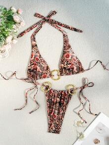 两件套女士花卉图案时尚性感上衣和女士花卉性感泳裤夏季