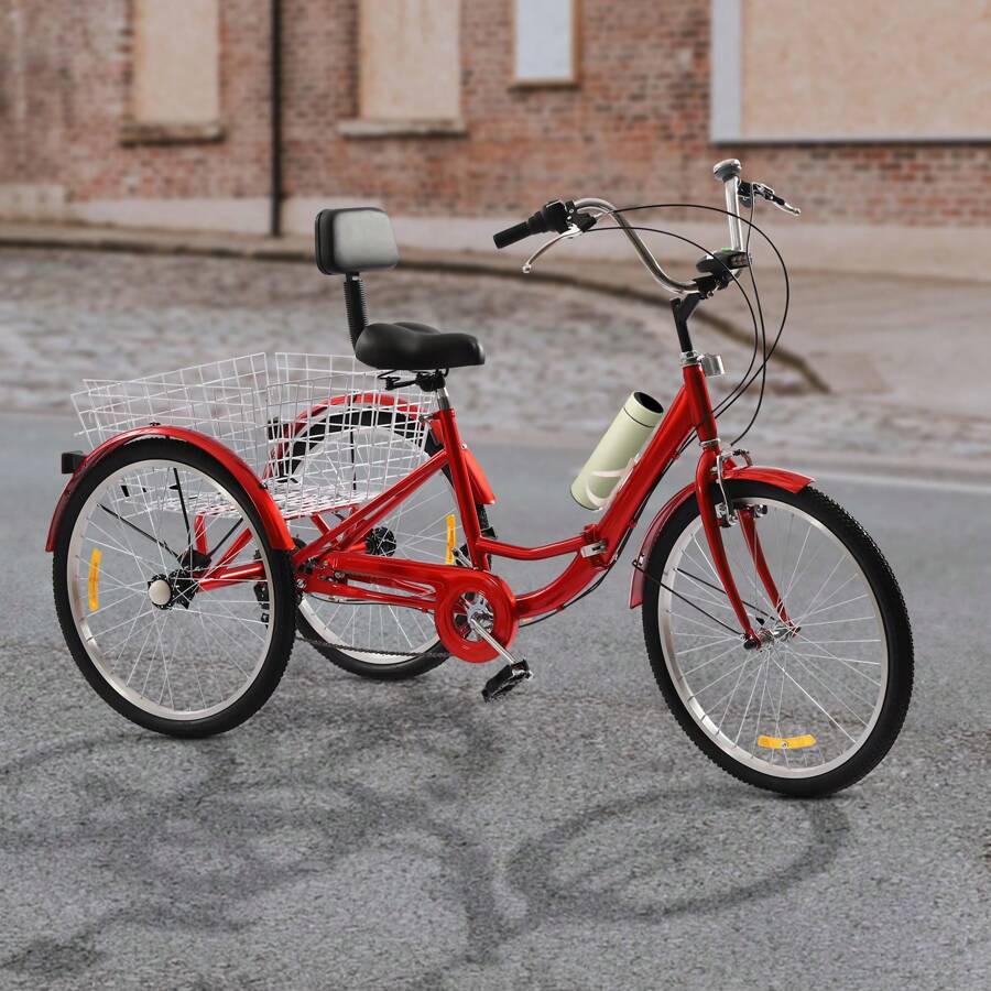 YUNRUX 24 Inch 3-Wheel 7-Speed Tricycle For Adults Seniors Bicycle With Shopping Basket Bicycle For Adults Tricycle Red