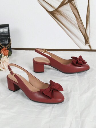 Zapatos de tacón alto de mujer de puntera cuadrada color borgoña clásico: Bombas de tacón grueso con lazo de correa trasera, aptos para ir al trabajo y el uso cotidiano, perfecto para San Valentín