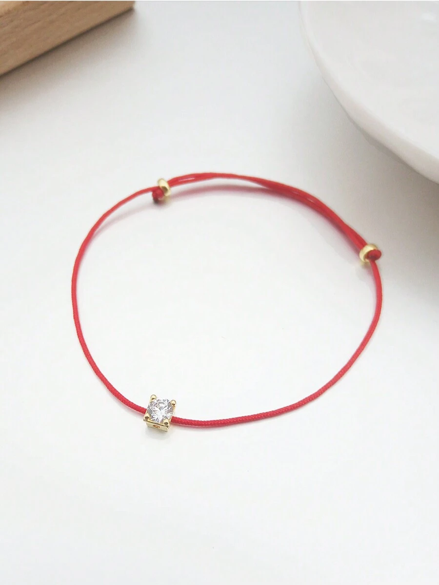1 pieza Brazalete de hilo rojo con circonita única de plata S925, con suerte y de moda, minimalista, versátil, adecuado para uso diario y fiestas de mujeres - Amarillo Oro - Ver 1