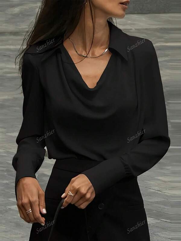 Women Elegant Solid Color Simple Loose Round Neck Blouse, Autumn