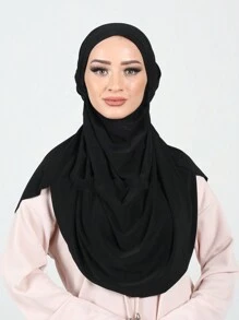 1pc Women's Casual Solid Color Classic Arab Tie Headscarf Hijab Headcover, Suitable For Daily Wear Casual Under Cap - Black - View 3
