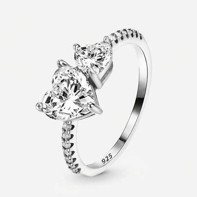 1 stuk 925 sterling zilveren glanzende dubbele hartring, veelzijdig accessoire voor de dagelijkse outfit en feestjes van vrouwen, hoogwaardige ring, Valentijnsdagcadeau