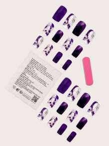 24pcs Short French Style Gradient Purple Square Wearable Nails + 1pc Jelly Nail Glue + 1pc Nail File Press On Nails Nail Supplies - Multicolor - View 2