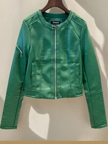 Modna skórzana kurtka damska krótka wiosna i jesień nowość wyszczuplająca okrągły dekolt slim fit stojący kołnierz motocyklowy czarna kurtka ze skóry PU