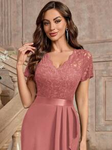 MIUSOL Floral Lace V-Neck Ruffle Trim Wrap Hem Cocktail Party Bodycon Dress, Wedding Guest Dress - Dusty Pink - View 9