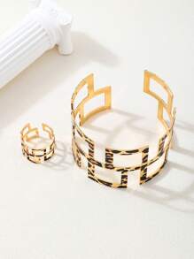 1 Ring + 1 Bracelet Fashion Simple Sleek Design Metal Square Unique Leopard Print Openable Bracelet Ring Jewelry Set For Women - Geometric Square - View 5