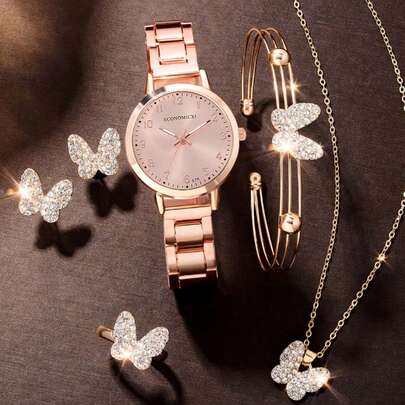 6 件/套时尚可爱的玫瑰金儿童石英表和蝴蝶项链、手链、耳环、戒指首饰套装，适合儿童礼物、返校礼物、外出礼物