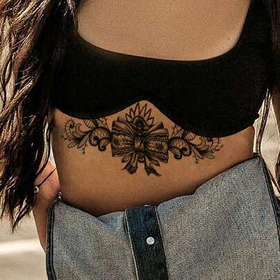 1 件临时蝴蝶结蕾丝图案手臂腿部纹身贴纸，性感胸前大腿贴花，防水，非常适合女性