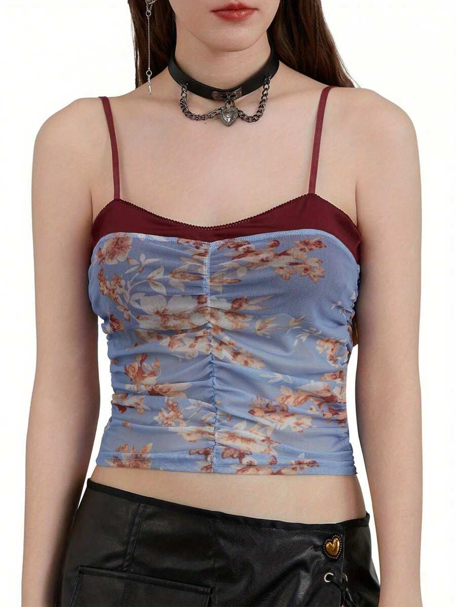 Women Crop Camisole Summer Ruched Spaghetti Strap Tank Tops Sleeveless T-Shirt For Streetwear Clubwear - Blue - View 1