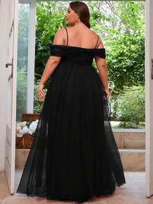 加大露肩网眼覆盖长款伴娘礼服优雅连衣裙 - 黑色 - 查看 2