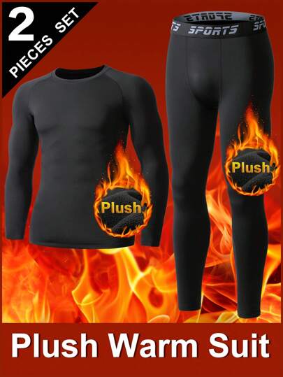 Men's Thicken Thermal Underwear Set, Long Sleeve Crew Neck Top And Long Pants, Warm Base Layer For Autumn/Winter, Solid Color, Tight Fit Sports Wear, Suitable For Cold Weather Outdoor Activities Like Skiing