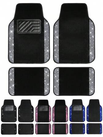 Bling Diamond Auto Vloermatten Volledige Set, Glanzende Strass Tapijt Glinsterende Glitter Kristal Met Anti-Slip PVC Hiel Pad Waterdicht Universele Pasvorm Auto SUV, Sedan, Van, Schattig Meisje Vrouwen Met Anti-Slip Pad, 4 stuks Roze/Wit/Zwart/Blauw