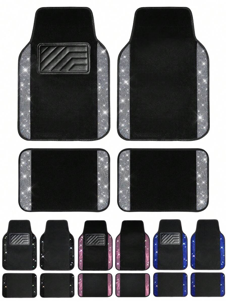 Bling Diamond Car Floor Mats Full Set, Shining Rhinestone Carpet Sparkly Glitter Crystal With Anti-Slip PVC Heel Pad Waterproof Universal Fit Automotive SUV,Sedan,Van,Cute Girl Women With Anti-Slip Pad,4pcs Pink/Withe/Black/Blue