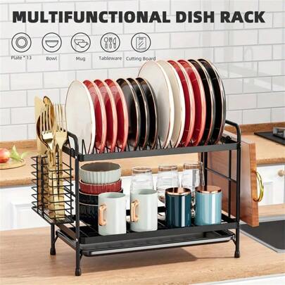 1 Piece 2-Tier Dish Drainer With Drain Tray - Utensil Holder, Cutting Board - Perfect For Efficient Kitchen Cleaning, Christmas, Halloween. Suitable For Christmas And Halloween