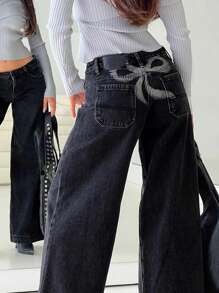 Womens Wide Leg Jeans Back Bow Print Low Rise Washed Denim Pants Casual Long Trousers - Black - View 3