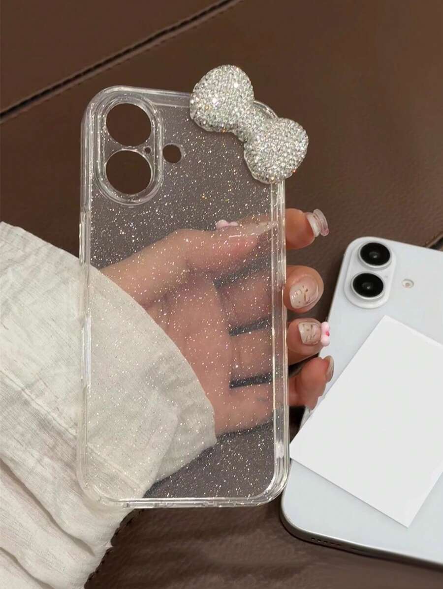 Étui de téléphone avec paillettes transparentes, strass et nœud papillon - Design mignon de nœud papillon - Compatible avec 16 Pro Max 15 14 13 12 11, coque de protection complète, étanche, antichoc, anti-rayures - Transparent - Voir 1
