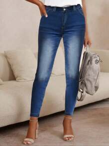 Skinny Jeans In Medium Blue Denim With A High Waist And Faded Effect, Ideal For A Modern Casual Look - 深色水洗藍 - 查看 4