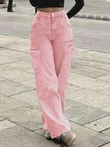女士美式休闲百搭基本款中腰直筒工作牛仔裤 - 粉色 - 查看 2