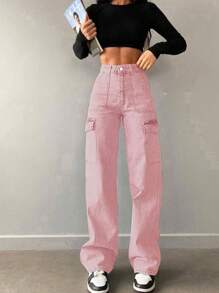 女士美式休闲百搭基本款中腰直筒工作牛仔裤 - 粉色 - 查看 1