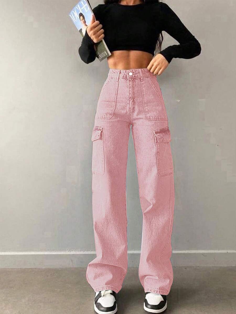 女士美式休闲百搭基本款中腰直筒工作牛仔裤 - 粉色 - 查看 1