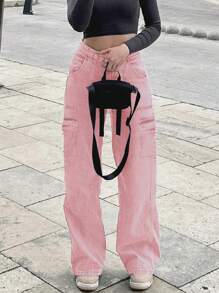 女士美式休闲百搭基本款中腰直筒工作牛仔裤 - 粉色 - 查看 6