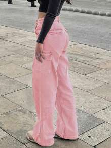 女士美式休闲百搭基本款中腰直筒工作牛仔裤 - 粉色 - 查看 5