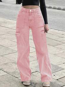 女士美式休闲百搭基本款中腰直筒工作牛仔裤 - 粉色 - 查看 4