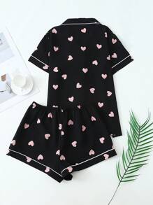 2 件春夏黑色基础心形印花时尚套装、翻领纽扣衬衫和蝴蝶结短裤、睡衣家居服、两件套