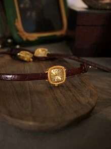 1pc New Vintage French Style Engraved Gold Square Small Dial Women's Watch, Fashion Minimalist Elegant Luxury Petite Waterproof Coffee Leather Strap Classic Quartz Ladies Wrist Watch Suitable For Daily Wear, Parties And Other Occasions - Coffee Brown - View 6