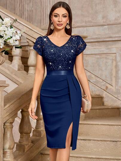 MIUSOL Elegant Sequin Lace Puff Sleeve Ruched High Slit Bodycon Cocktail Dress, Semi-Formal Women's Dress Suitable For Wedding Guests, Graduation Ceremonies, Galas And Other Occasions