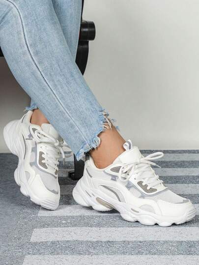 White & Gray Reflective Design Breathable Comfortable Wide Fit Platform Wedge Shoes, Suitable For Celebration, Daily Wear, Vacation, Festivals, Fashionable Outings, Non-Tiring Thick Sole Wedge Shoes