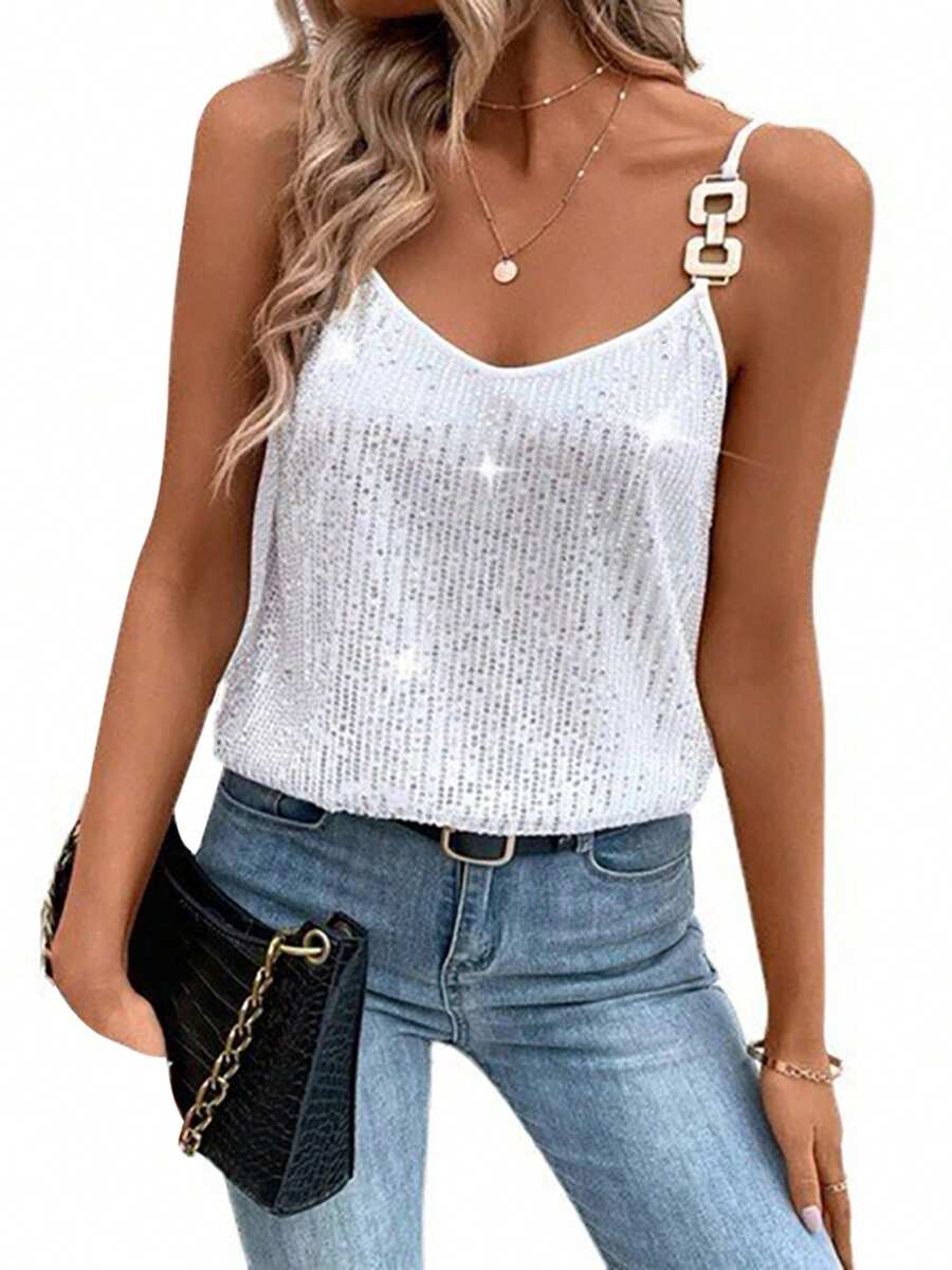 Womens Summer Sequin Cami Tops Spaghetti Strap V-Neck Sparkle Shimmer Loose Sleeveless Tanks Tops - 白色 - 查看 1