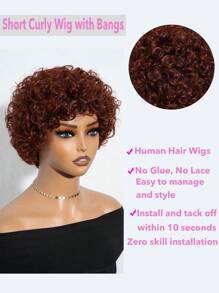 Human Hair Short Deep Curly Bob Wigs With Bangs 6 Inch Brazilian Afro Curly Human Hair Wigs Glueless Machine Made Short Pixie Cut Wigs For Women Reddish Brown Color - Rust Brown - View 4