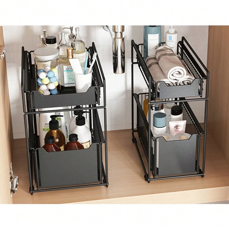 Set Of 2 Kitchen Storage Baskets - Extendable - 2 Levels - White/Black - Kitchen, Bathroom - 黑色 - 查看 1