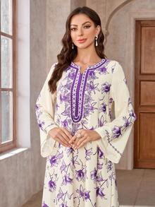 V-Neck Dress, All-Over Printed, Thick & Soft Four-Way Stretch Fabric, Elegant & Luxury Arab Style Abaya Dress For Women - Multicolor - View 6