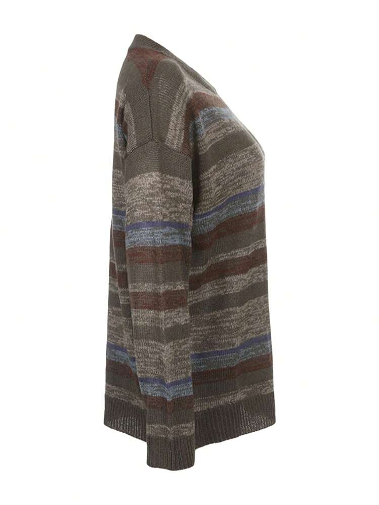 Suéter vintage de manga larga con cuello redondo y rayas para mujer, ideal para uso diario informal. - Gris - Añade 4