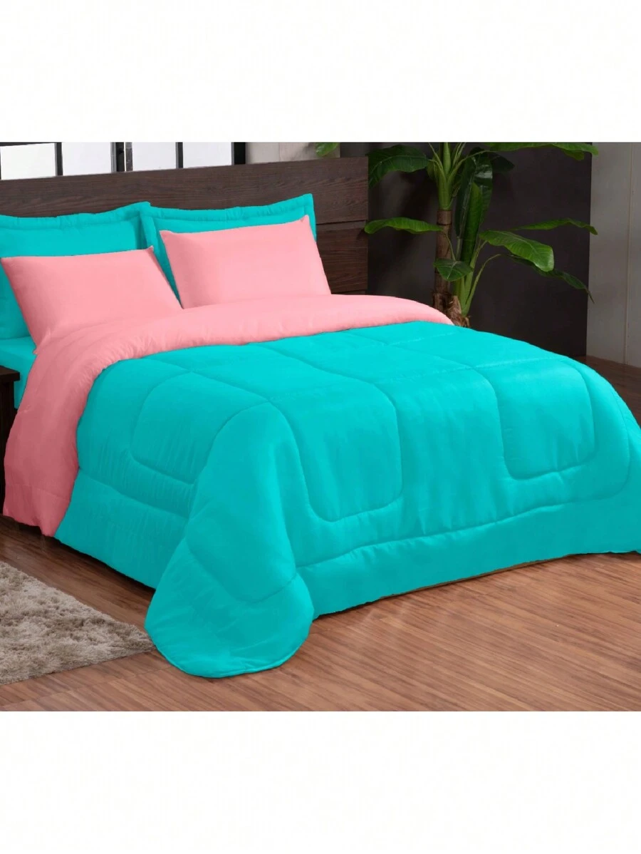 KIT EDREDOM DUPLA FACE 3 PEÇAS CASAL QUEEN VERDE ROSA - Verde - Visão 1