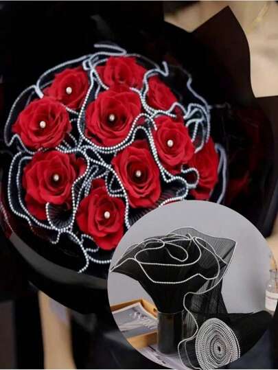 1 peça de 4 jardas de malha com babados de pérolas, tule para embrulho floral, tule ondulado e enrugado para decoração de buquê de rosas, adequado para arranjos florais "faça você mesmo", dia dos namorados, dia das mães, aniversário, formatura, Natal, casamento, aniversário, embrulho para presente de festa de fim de ano