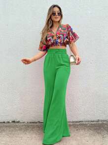 Duna Women's Wide Leg Pants Without Slits - Red and White - View 2