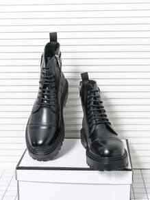 Men's Zippered High-Top Lace-Up Motorcycle Boots, Faux Leather, Chelsea Style - Black - View 5