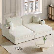 MoolSun Sofá reclinable doble extragrande de 86,5" - Sofá cama seccional convertible con portavasos, tapicería de pana, cojines con resortes ensacados para sala de estar/dormitorio (incluye 2 cojines decorativos) - Beis - Ver 1
