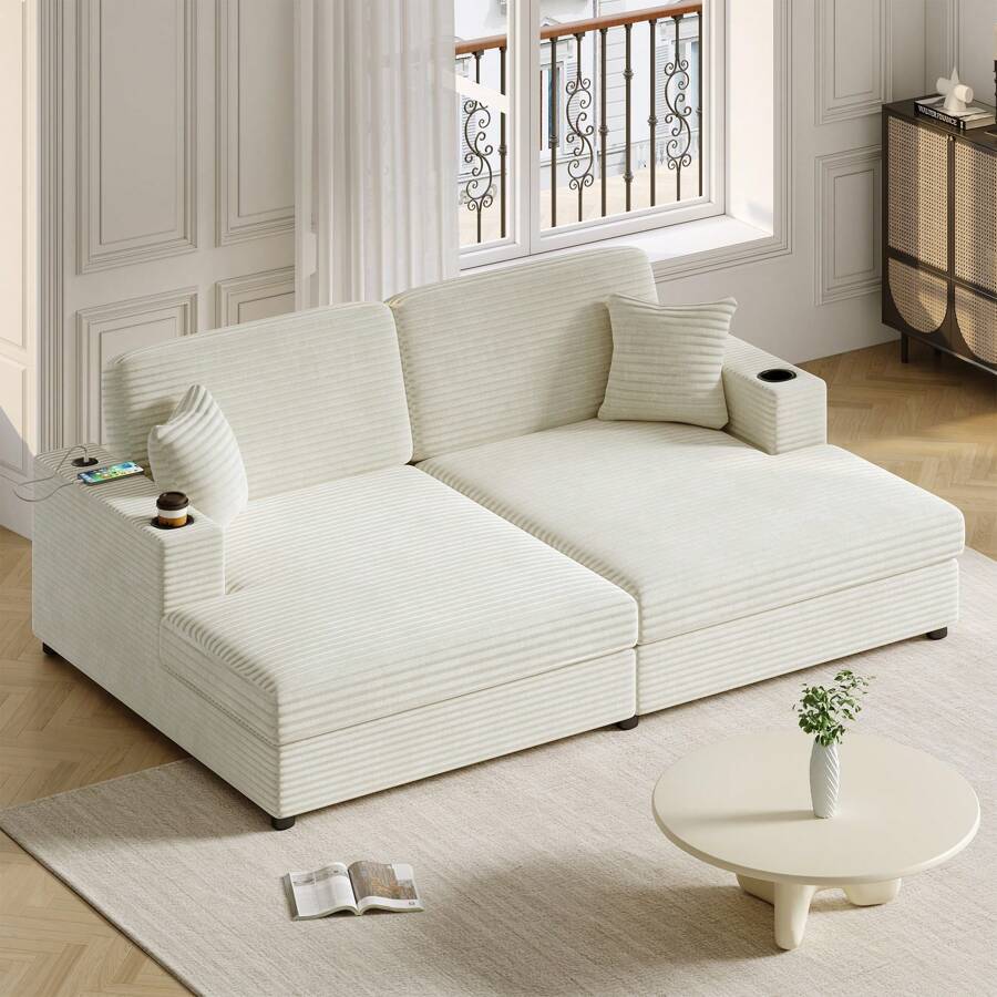 MoolSun Sofá reclinable doble extragrande de 86,5" - Sofá cama seccional convertible con portavasos, tapicería de pana, cojines con resortes ensacados para sala de estar/dormitorio (incluye 2 cojines decorativos) - Beis - Ver 1