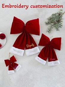 1 件定制刺绣圣诞装饰蝴蝶结装饰，红色植绒 3D 蝴蝶结圣诞树植绒装饰，适用于商店橱窗展示，可作为家人和朋友的礼物