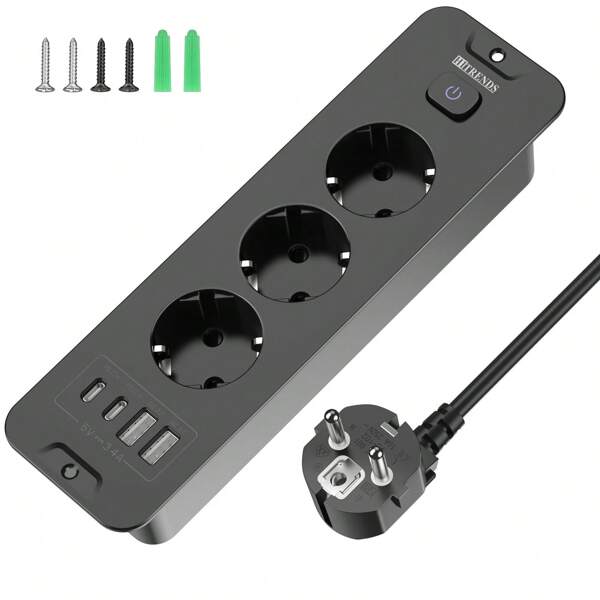 HITRENDS Prise de courant escamotable 3 compartiments, Prise multiple encastrée avec 2 USB, Prise de table avec 2 USB C, Prise de table escamotée - 2M de câble Noir Black