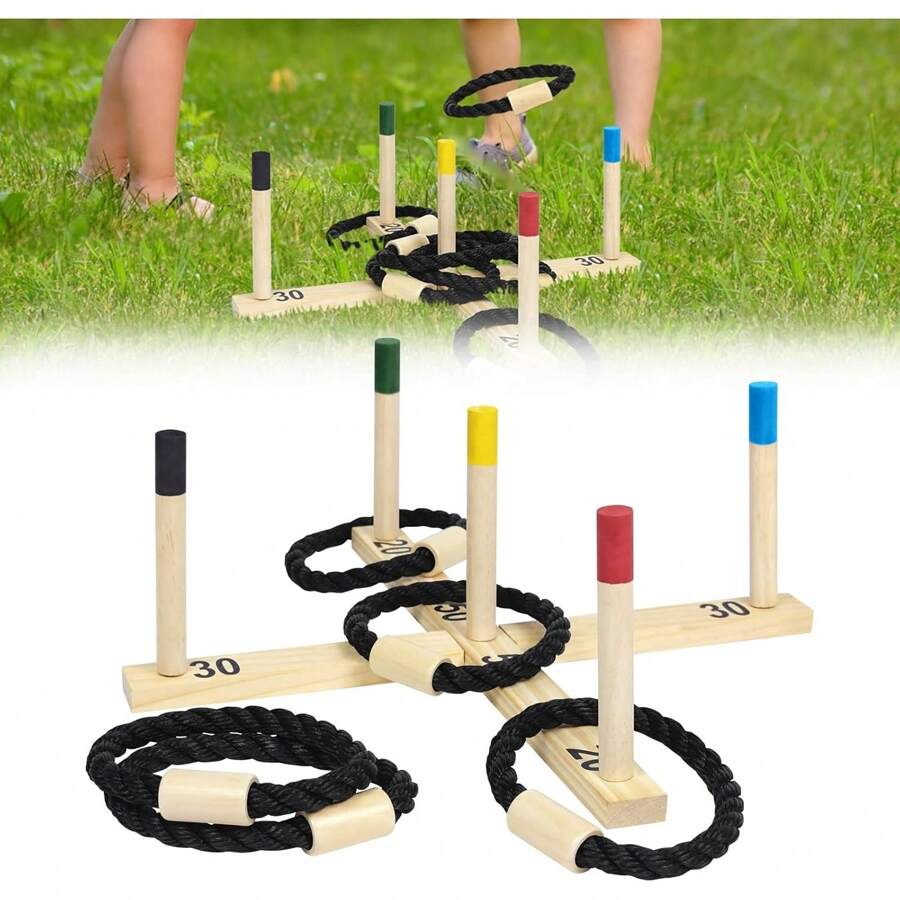 LILIIN Ringwurfspiel aus Holz Wurfspiel Outdoor & Indoor Werfen Spiel 1 Wurfkreuz, 5 Wurfringe und 5 Spielstäben Ring Wurfspiel Gartenspiele für Kinder und Erwachsene