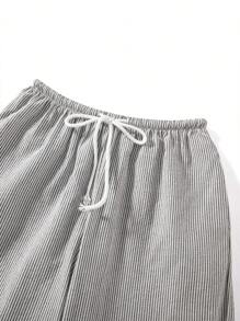 Women's Stripe Print Pants Drawstring Low Rise Straight Leg Trousers Bottoms - Light Grey - View 7