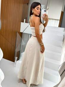 LINEN SKIRT AND CROPPED SET - nude - 查看 2