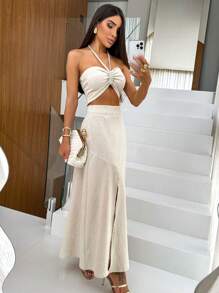 LINEN SKIRT AND CROPPED SET - nude - 查看 1