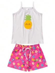 Kit com 5 Conjuntos Infantil Menina Verão Blusa Alcinha e Shorts com Elástico Tecido Algodão com Elastano - Multicolorido - Visão 3